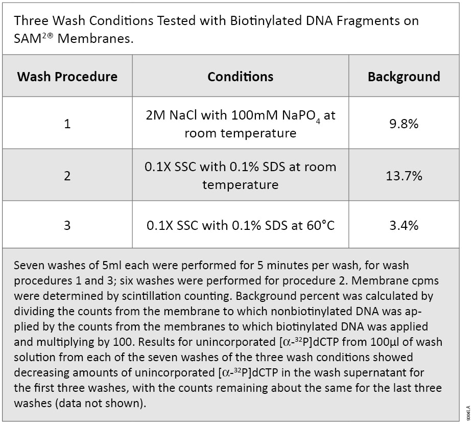 Three Wash Conditions Tested with Biotinylated DNA Fragments on SAM2 Membranes.